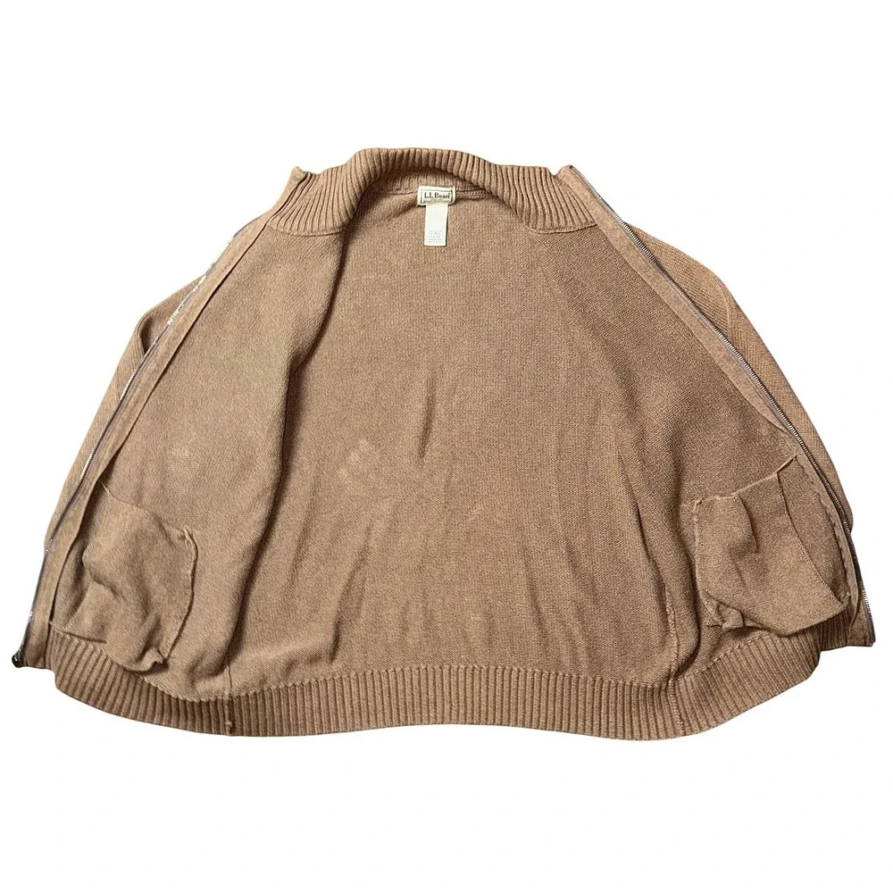 LL Bean Mens Large Full Zip Cotton Cardigan Sweater Tan Brown Mock Neck HJS6